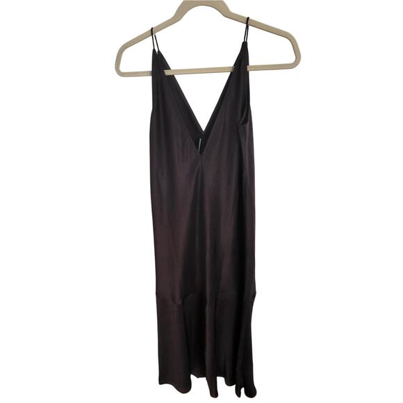 Madewell Satin Sleeveless Maxi Slip Dress V Neck Carob Brown Front Slit XS 2 - Picture 4 of 10